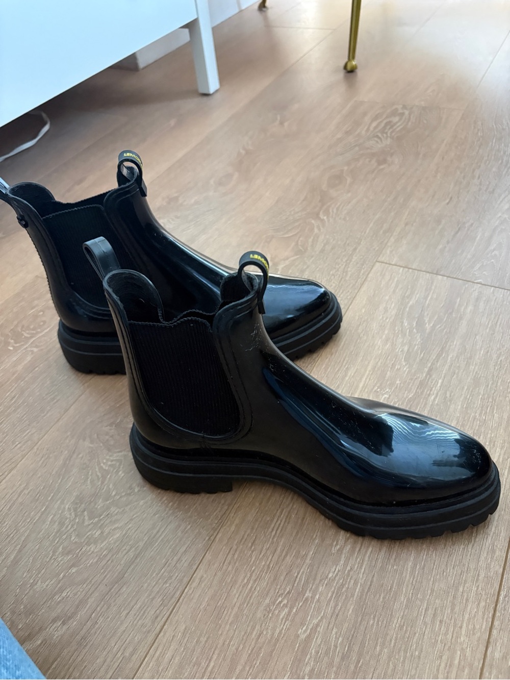 Women's Black Glossy Chelsea Rain Boots - Waterproof Ankle Boots